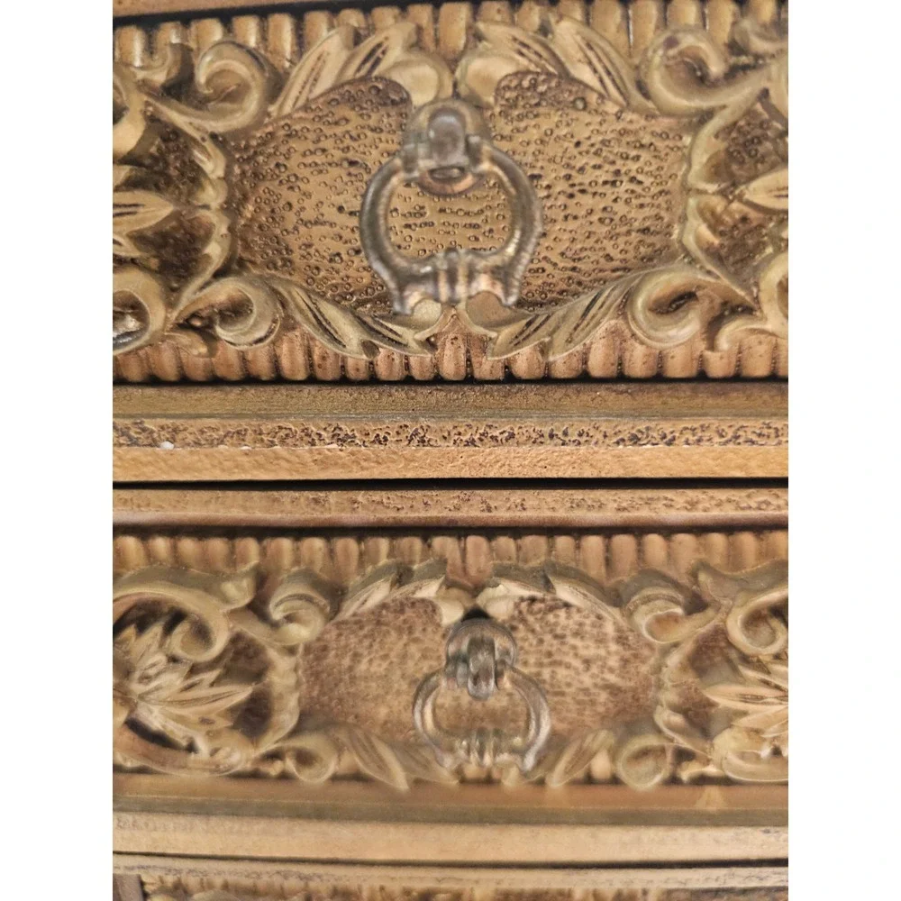 Vintage Royal Sealy Carved‎ 3 Drawer Trinket Box Jewelry Music Box Gold Tone